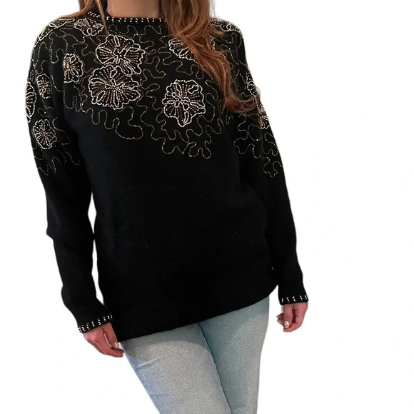 Vintage Retro Shannan black beaded embellished wool angora sweater Size Large - Picture 1 of 11